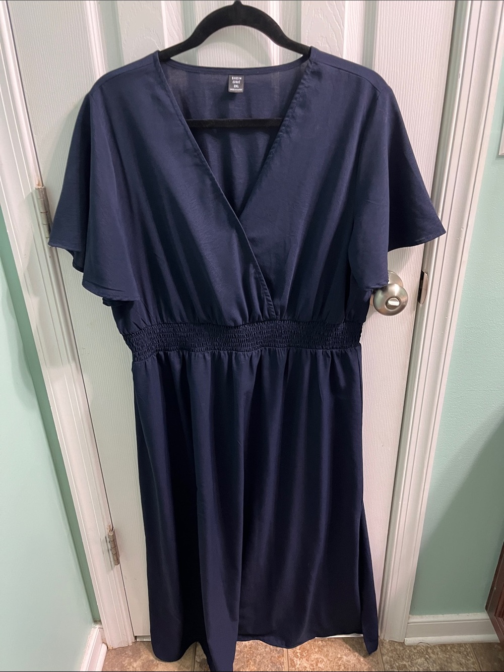 SHEIN Navy Wrap-Style Midi Dress with Flutter Sleeves